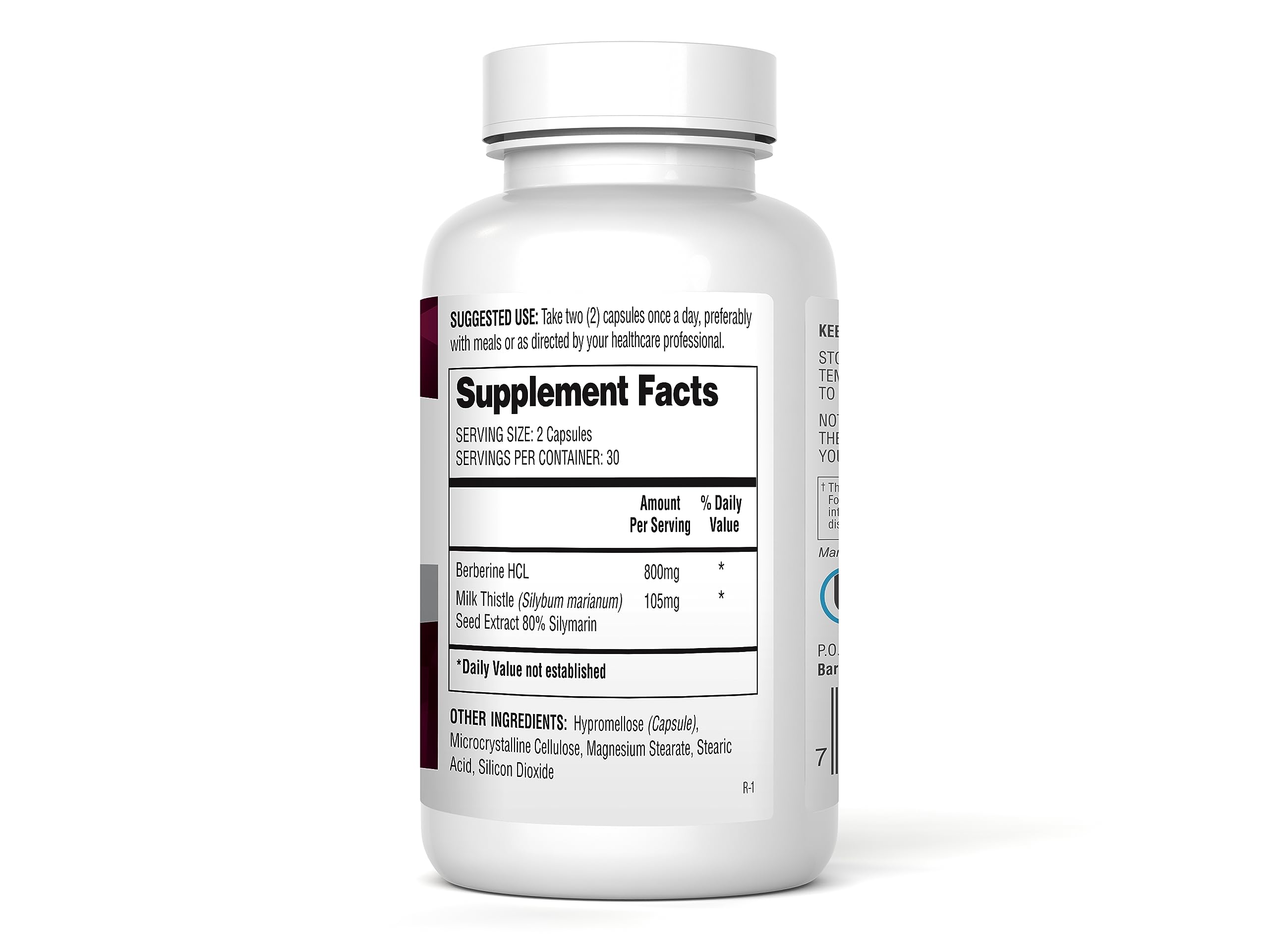 Close-up bottle label shows 800 mg Berberine HCL and Milk Thistle potency