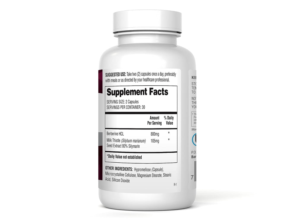 Close-up bottle label shows 800 mg Berberine HCL and Milk Thistle potency