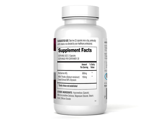 Close-up bottle label shows 800 mg Berberine HCL and Milk Thistle potency