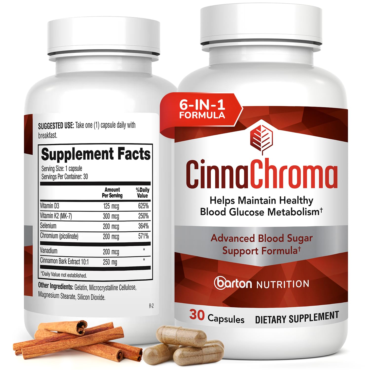 Barton Nutrition CinnaChroma bottle front highlights a cinnamon-based formula for natural sugar support.