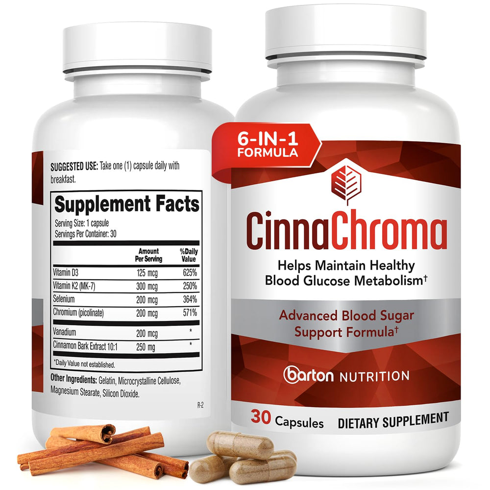 Barton Nutrition CinnaChroma bottle front highlights a cinnamon-based formula for natural sugar support.