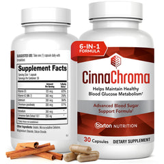 Barton Nutrition CinnaChroma bottle front highlights a cinnamon-based formula for natural sugar support.