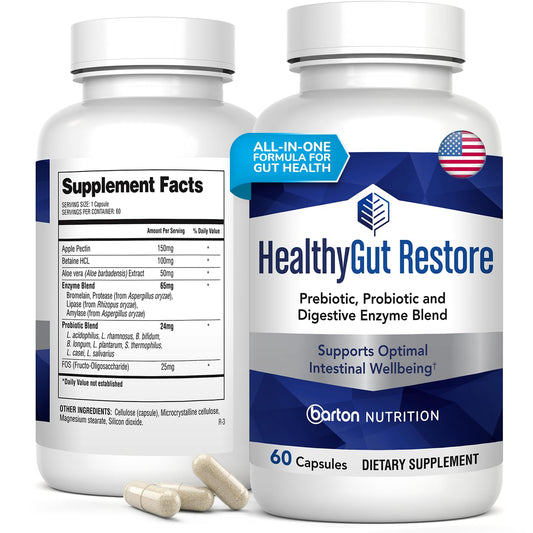 Barton Nutrition Healthy Gut Restore bottle for daily digestive comfort.