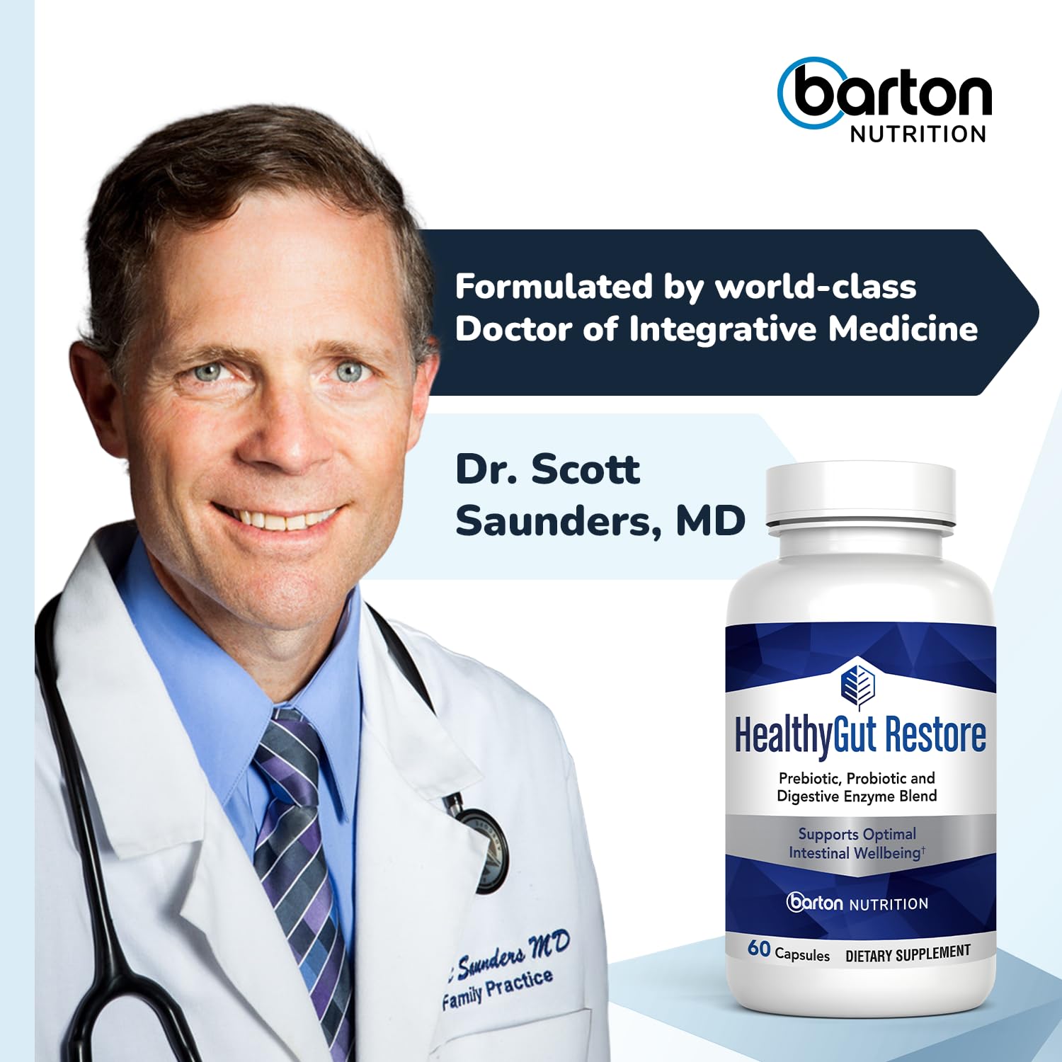 Barton Nutrition Healthy Gut Restore bottle with logo signals clean wellness design.