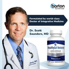 Barton Nutrition Healthy Gut Restore bottle with logo signals clean wellness design.