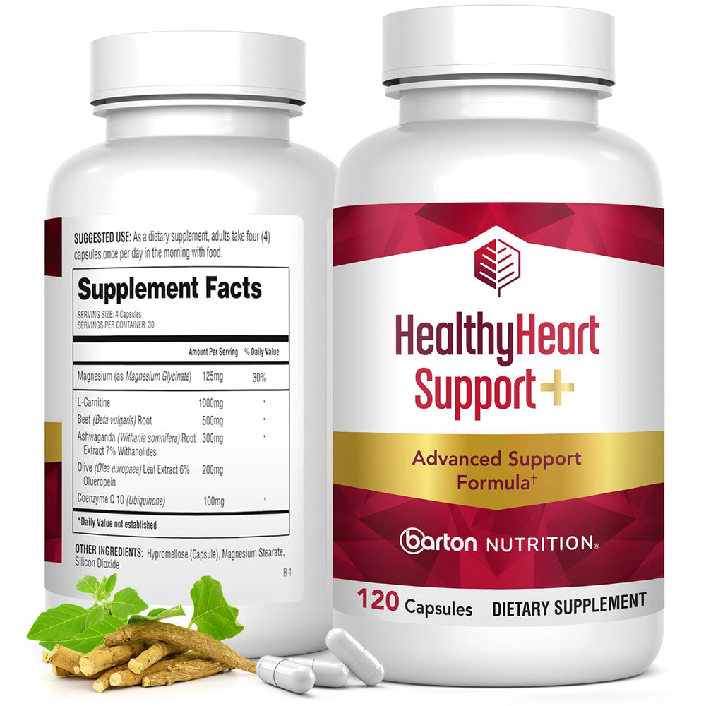 Barton Nutrition HealthyHeart bottle pouring capsules for convenient daily support.