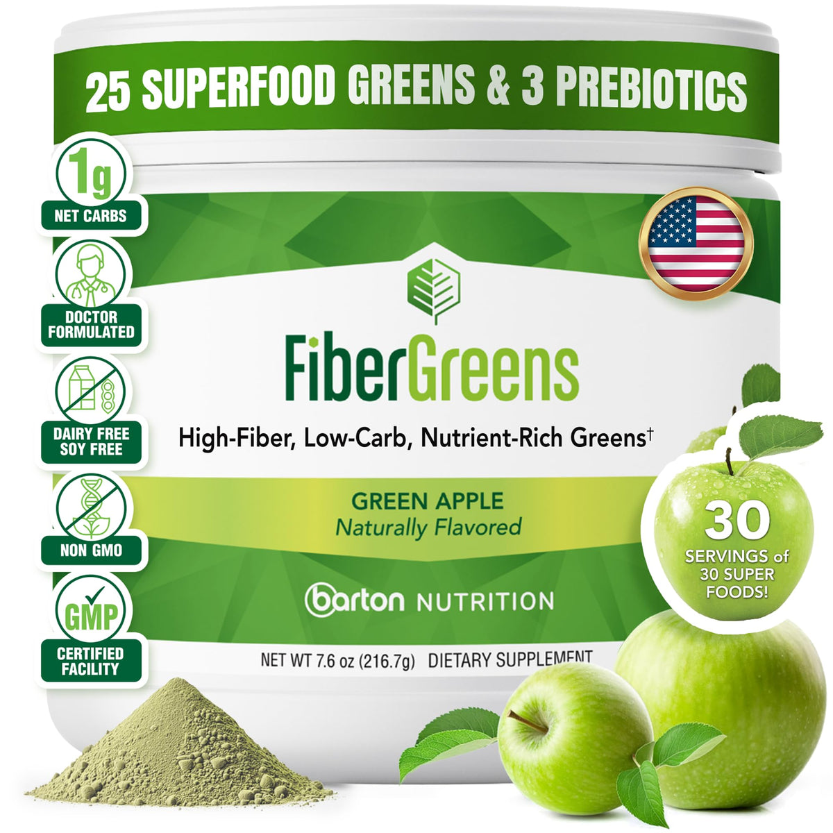 Barton Nutrition Soluble Fiber Greens tub for daily digestive support and energy