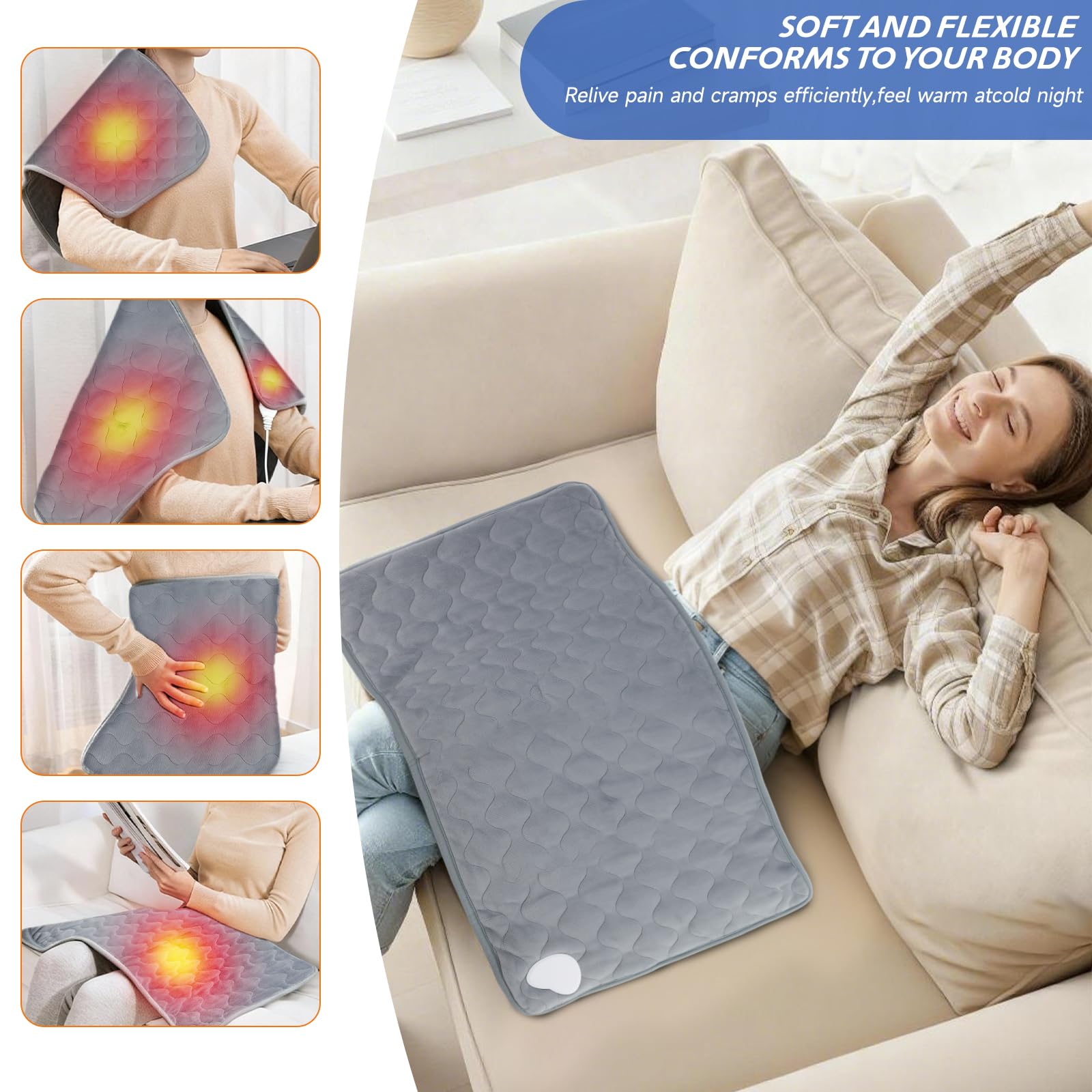 Basanie heating pad on sofa demonstrates fast heat and coziness