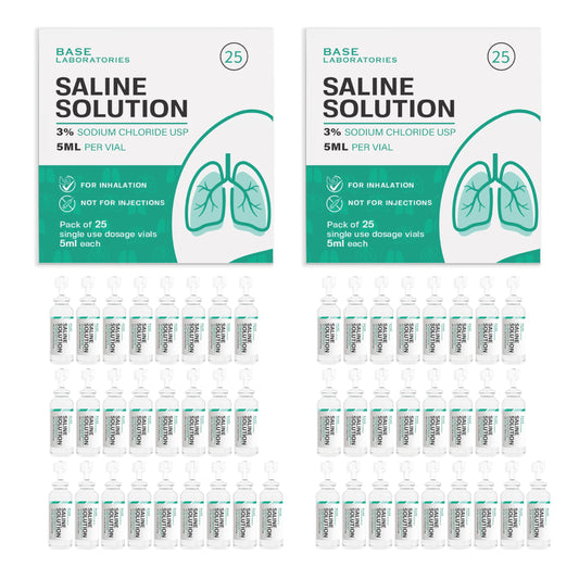 BASE LABORATORIES 3% saline vial designed for nebulizer use.