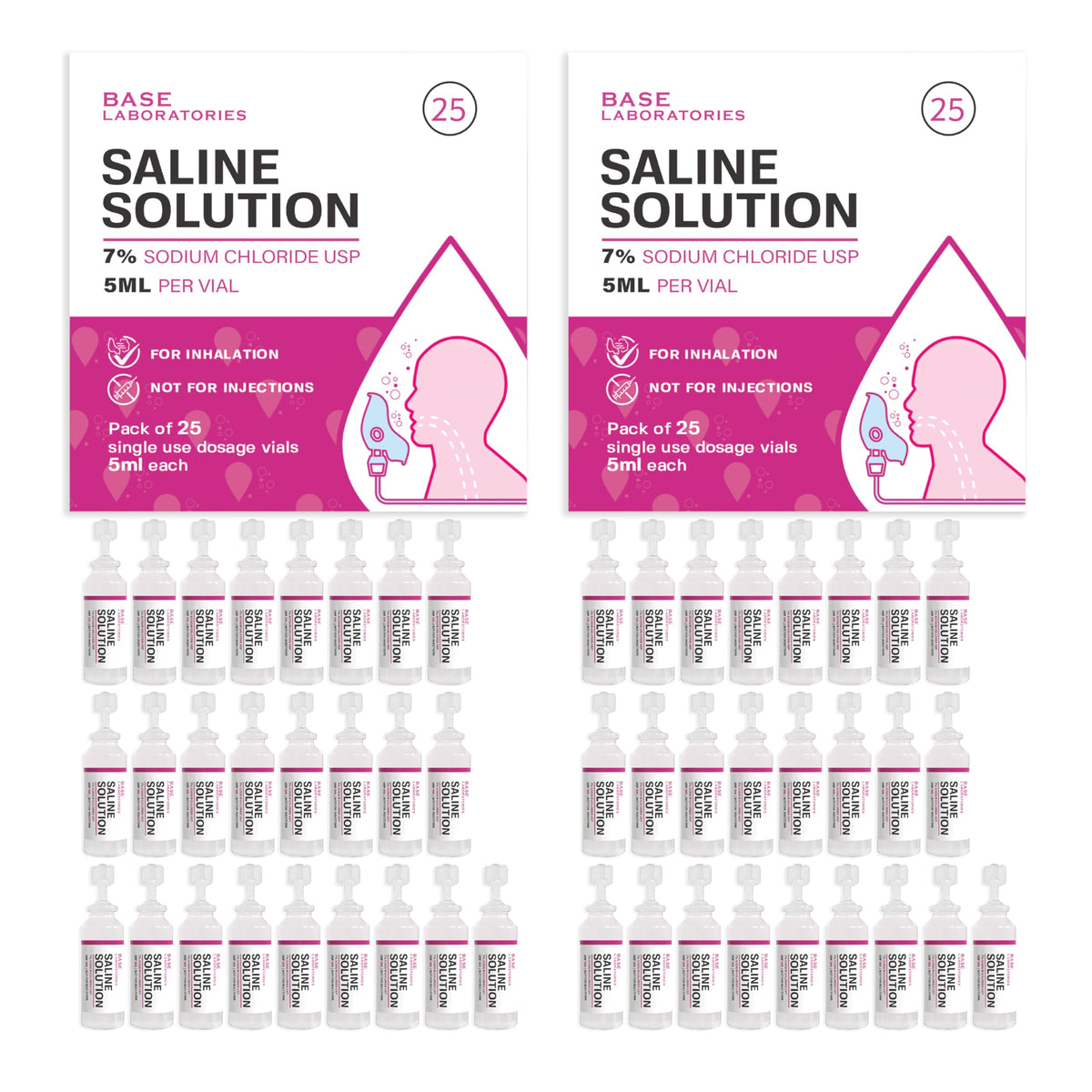 BASE LABORATORIES 7-percent saline bottle for precise nebulization and nasal relief.