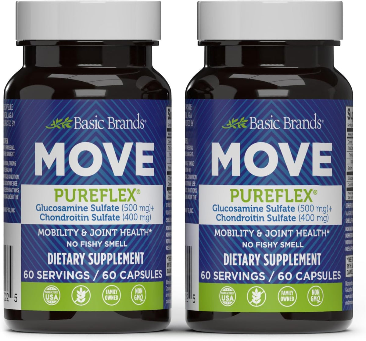 Basic Brands Move Pureflex glucosamine bottle highlighting joint support formula.
