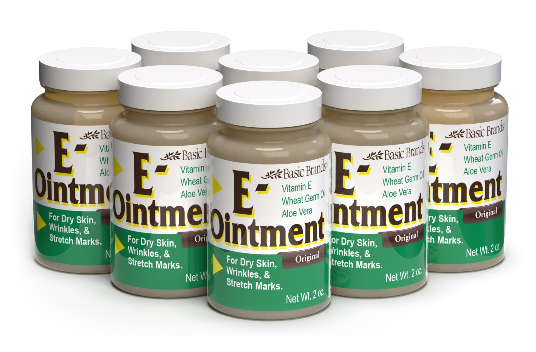 Basic Brands Vitamin E Ointment pack front, convenient 8-pack for versatile skin care.