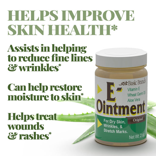 Basic Brands Vitamin E Ointment tub close-up shows rich moisturizing texture.