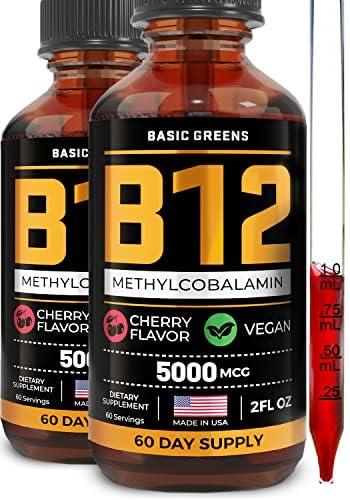 BASIC GREENS Vitamin B12 sublingual drops in amber bottle support daily energy