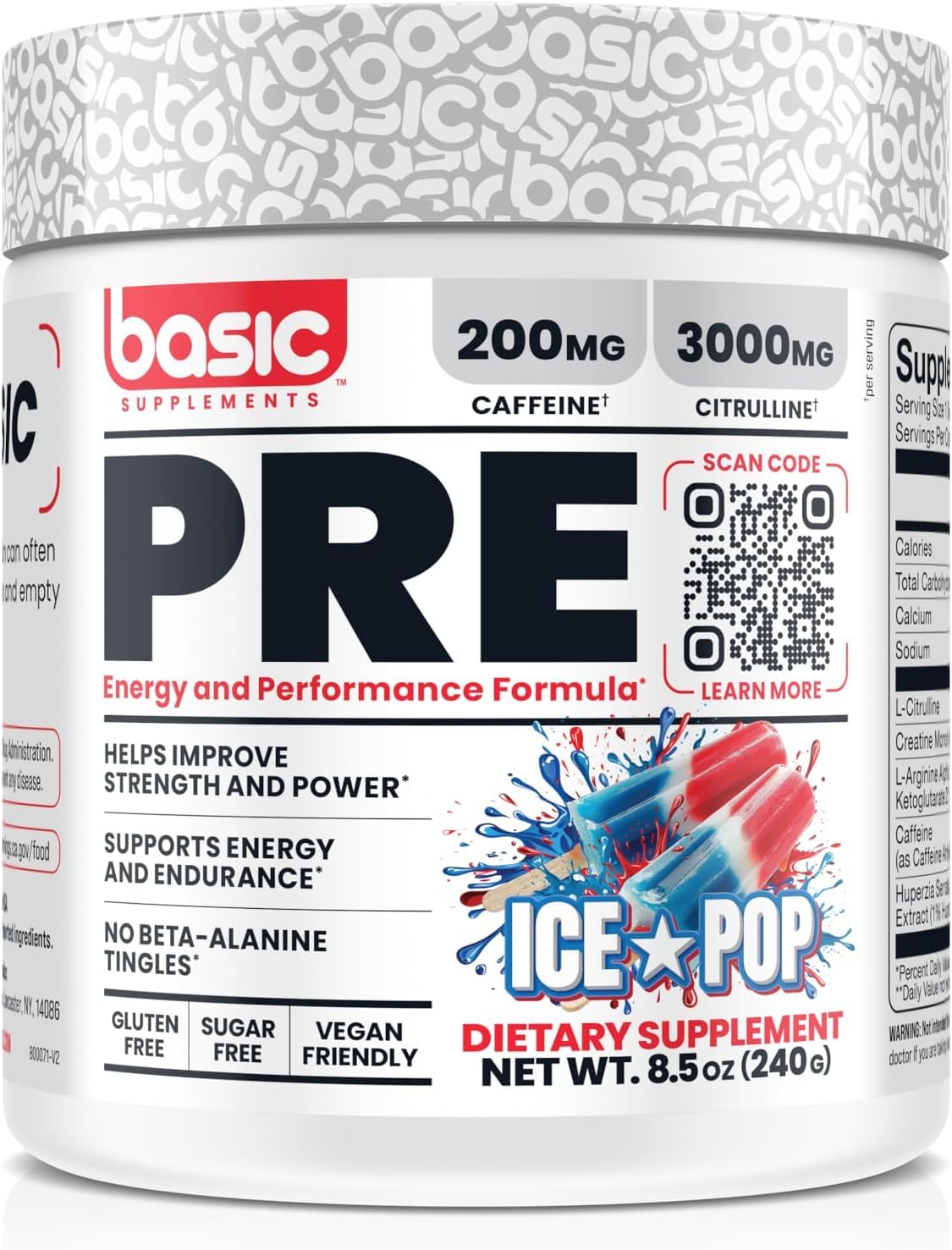 Basic Pre-Workout bottle-front by BASIC SUPPLEMENTS highlights energy and focus for workouts.