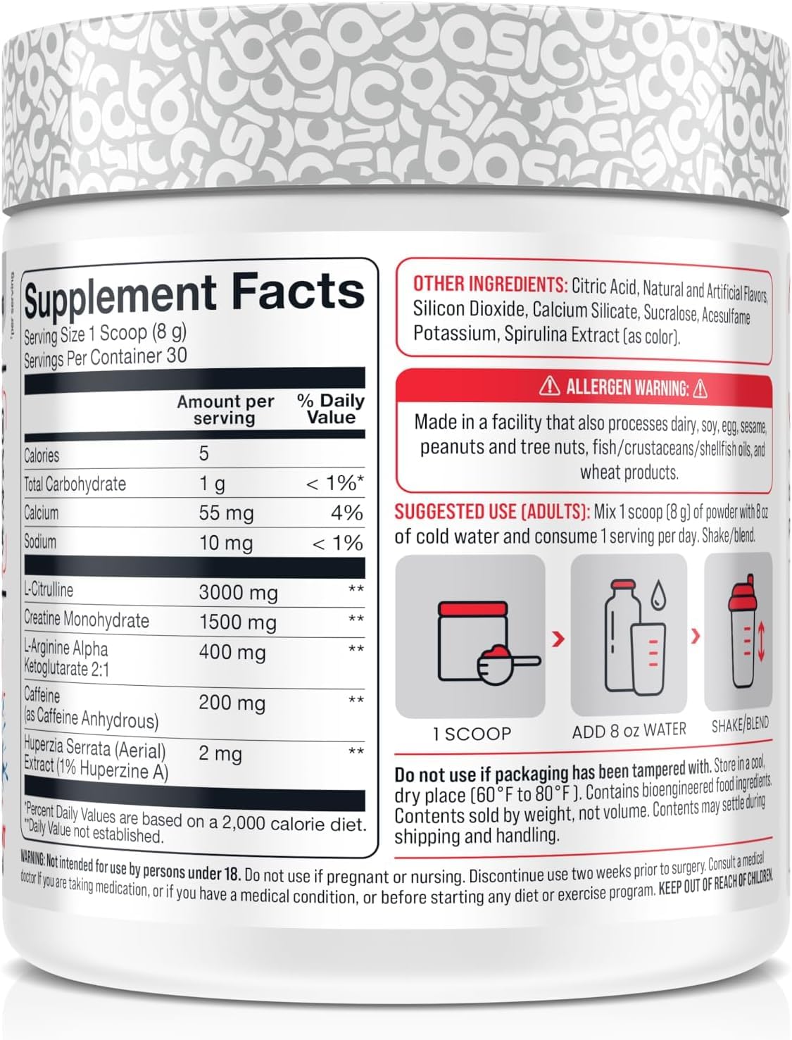 Basic Pre-Workout label-closeup reveals 3000 mg citrulline and a sugar-free claim.