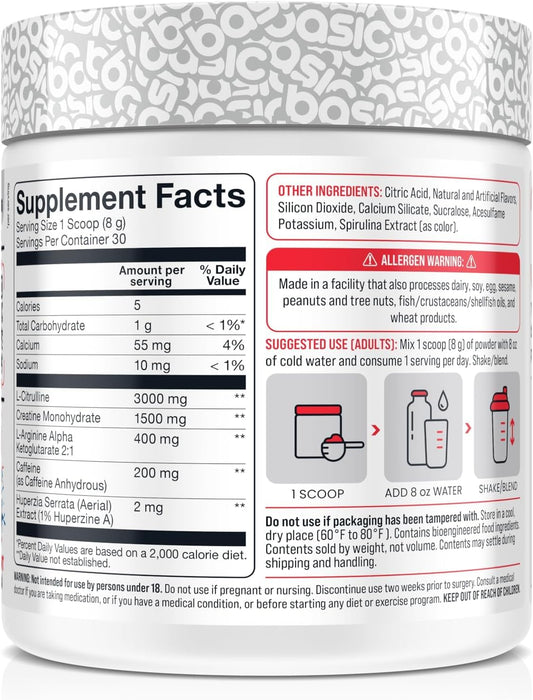 Basic Pre-Workout label-closeup reveals 3000 mg citrulline and a sugar-free claim.