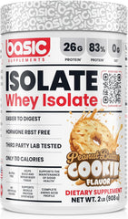 Basic Supplements Basic Whey Isolate peanut butter cookie tub close-up highlights protein-packed formula.