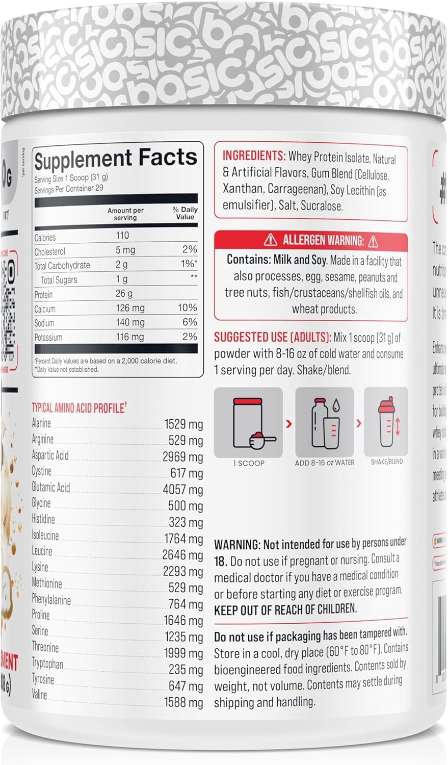 Basic Supplements whey protein isolate scoop illustrating rapid absorption