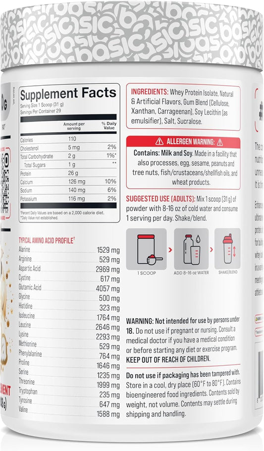 Basic Supplements whey protein isolate scoop illustrating rapid absorption