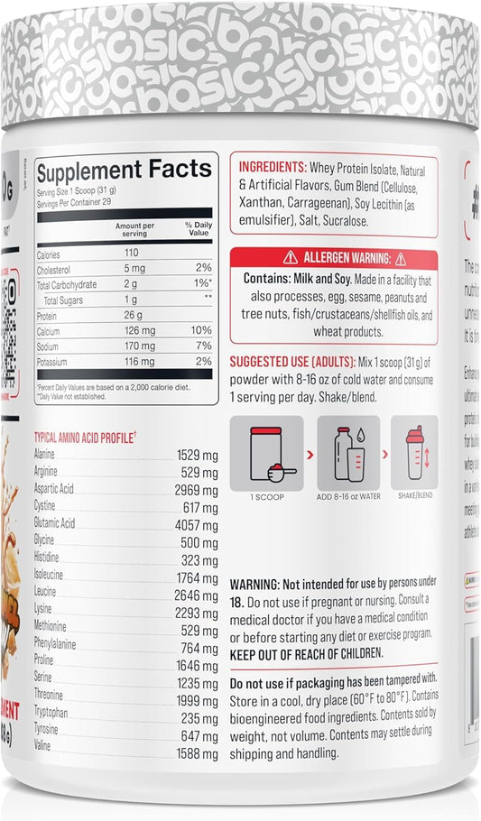 Scoop of Basic Supplements whey protein isolate with 26g protein per serving.