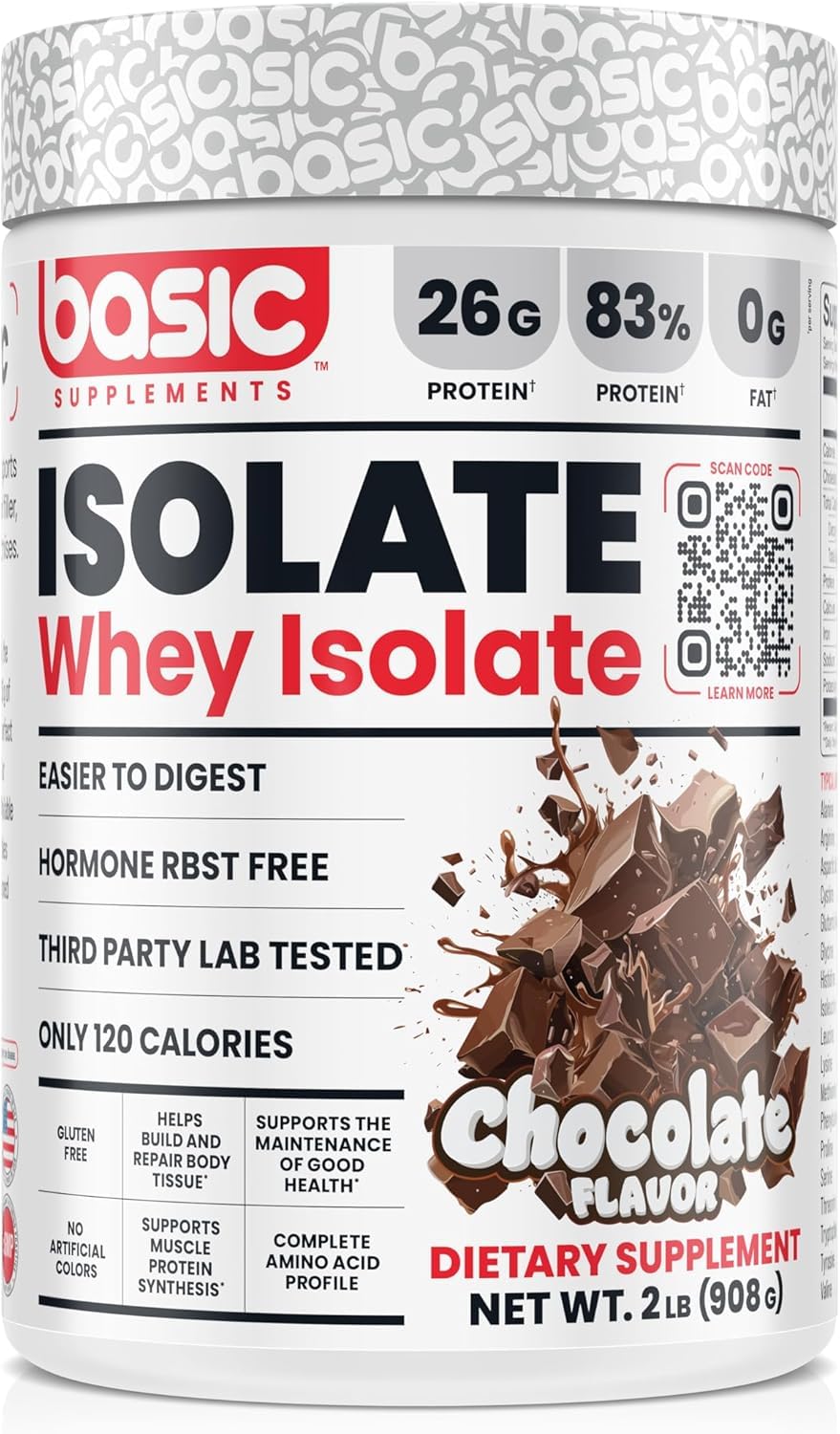 Basic Supplements whey protein isolate bottle on shelf for clean muscle support.