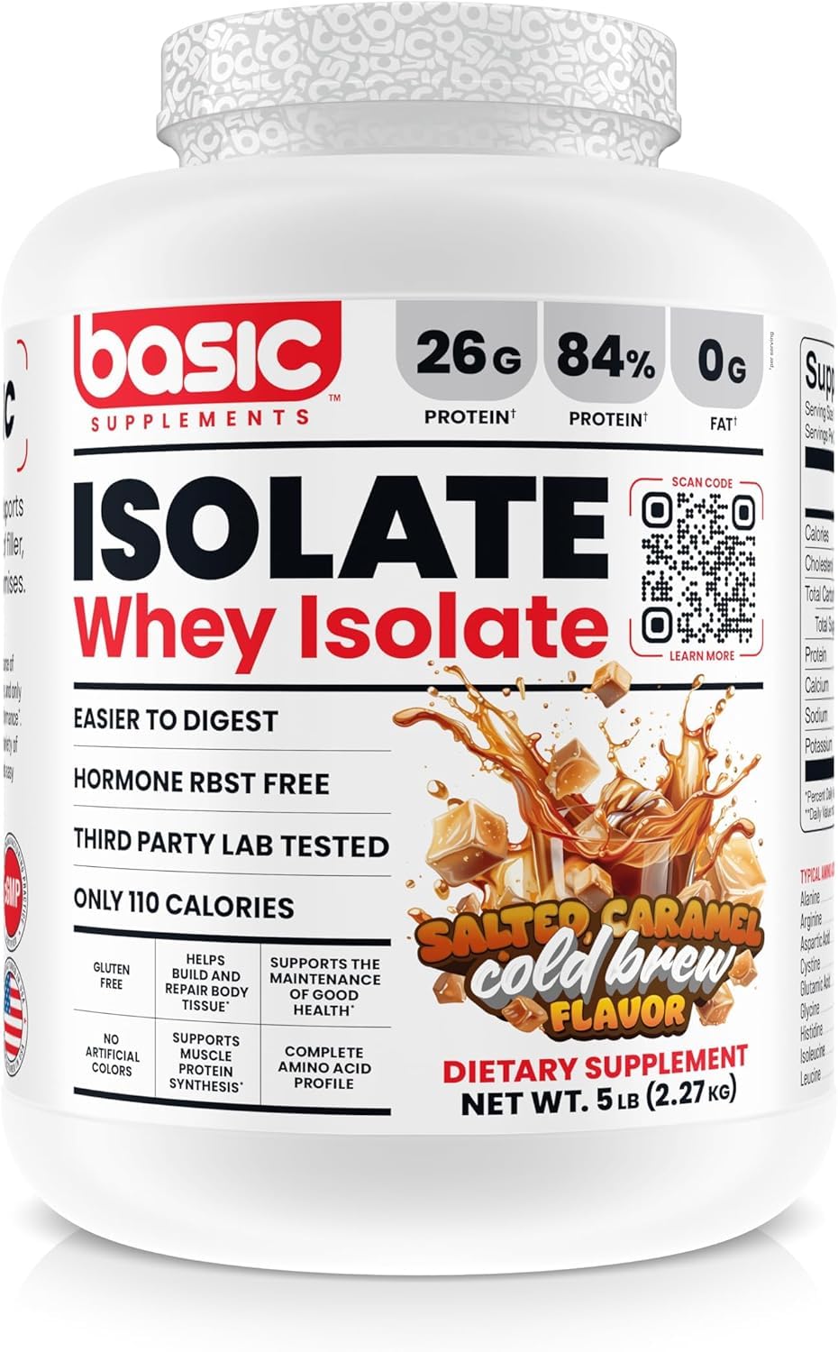 Basic Supplements Basic Whey Protein Isolate jar with label, high-protein support for workouts.