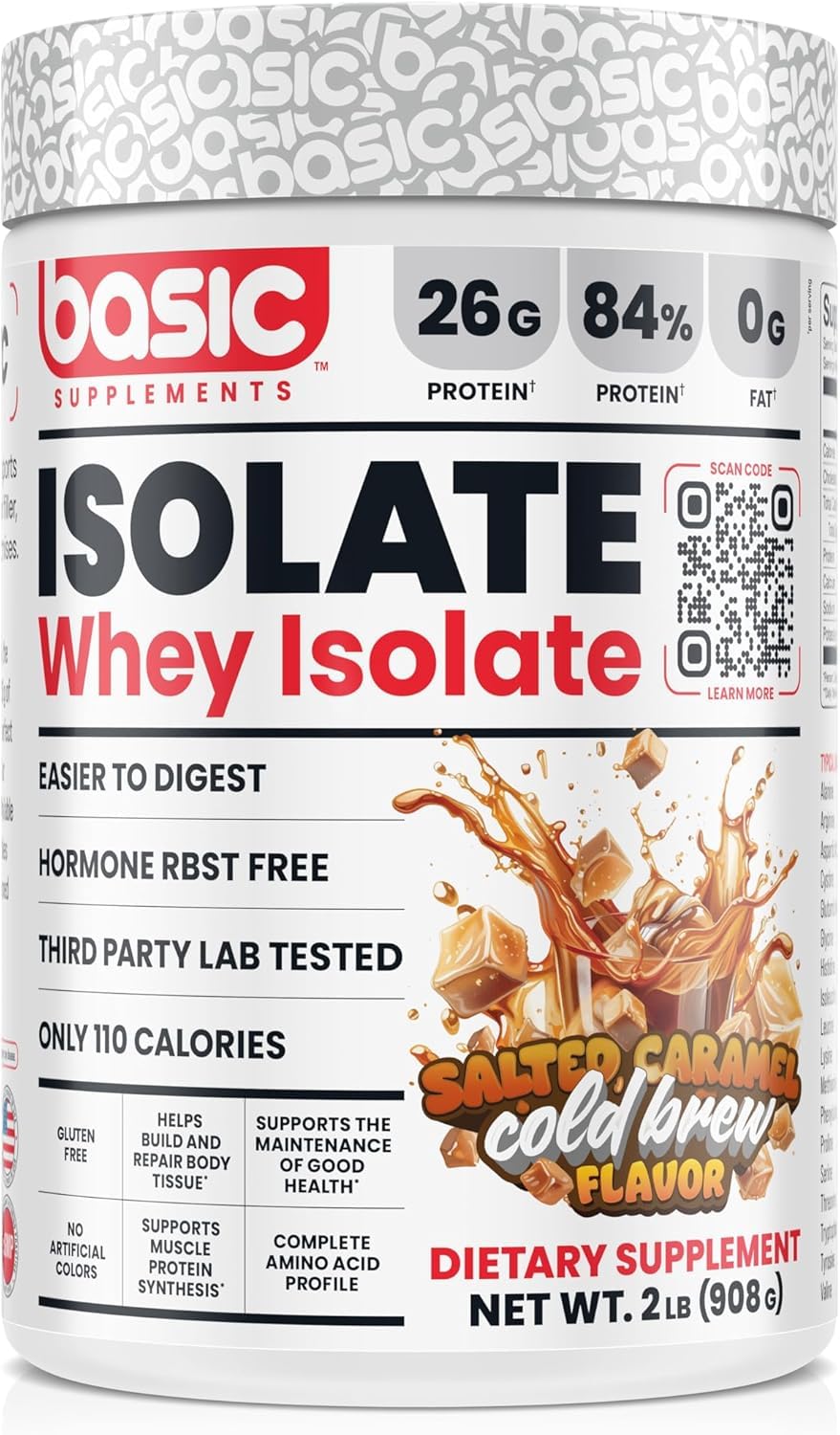 Basic Supplements whey protein isolate bottle highlighting rapid absorption.
