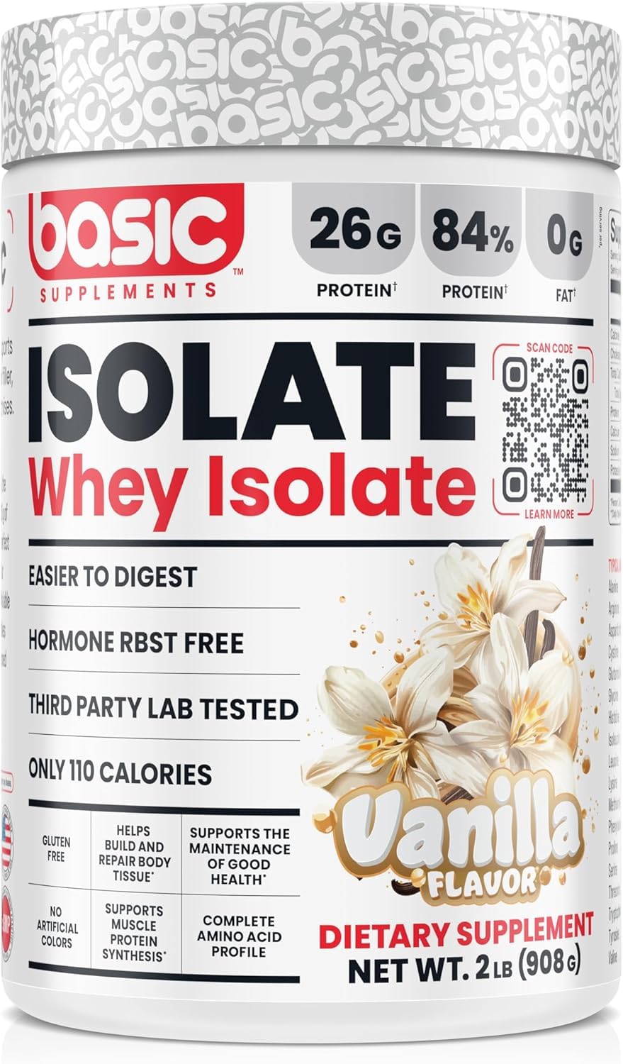 Basic Supplements whey protein isolate bottle highlighting 26g protein per serving
