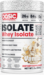 Basic Supplements whey protein isolate bottle highlighting 26g protein per serving