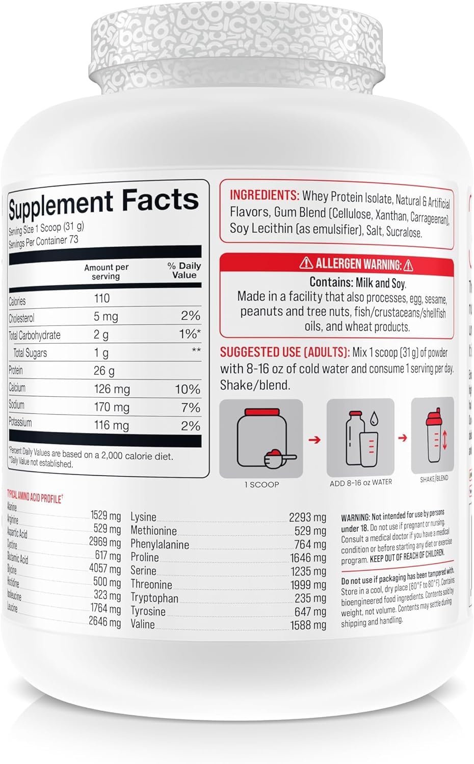 Basic Supplements Basic Whey Protein Isolate scoop measured for a protein shake.
