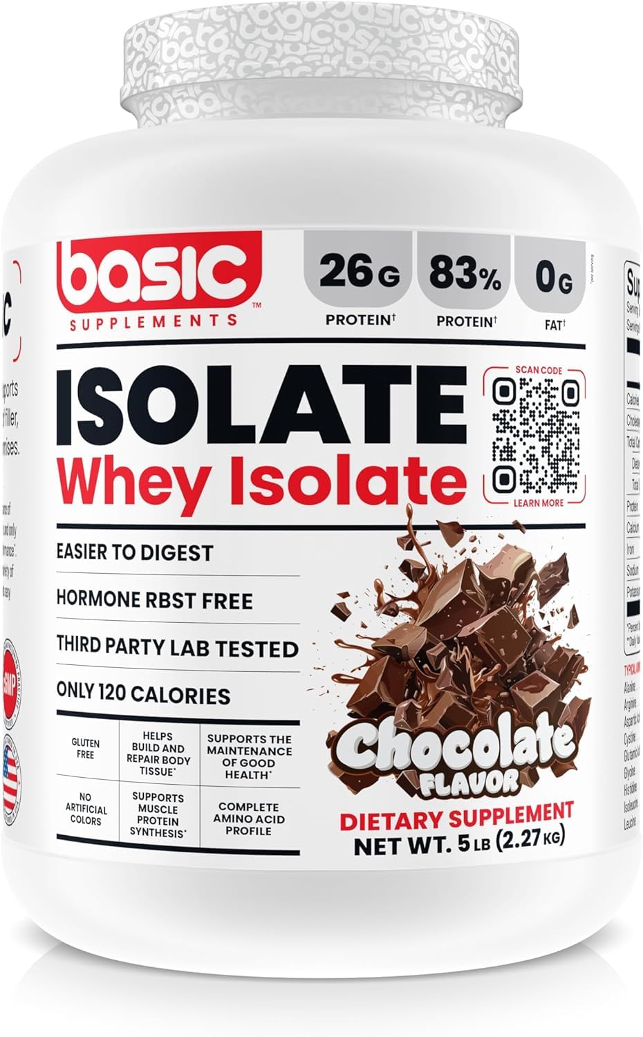 Basic Supplements Basic Whey Protein Isolate tub showing trusted nutrition label and clean design.