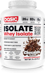 Basic Supplements Basic Whey Protein Isolate tub showing trusted nutrition label and clean design.