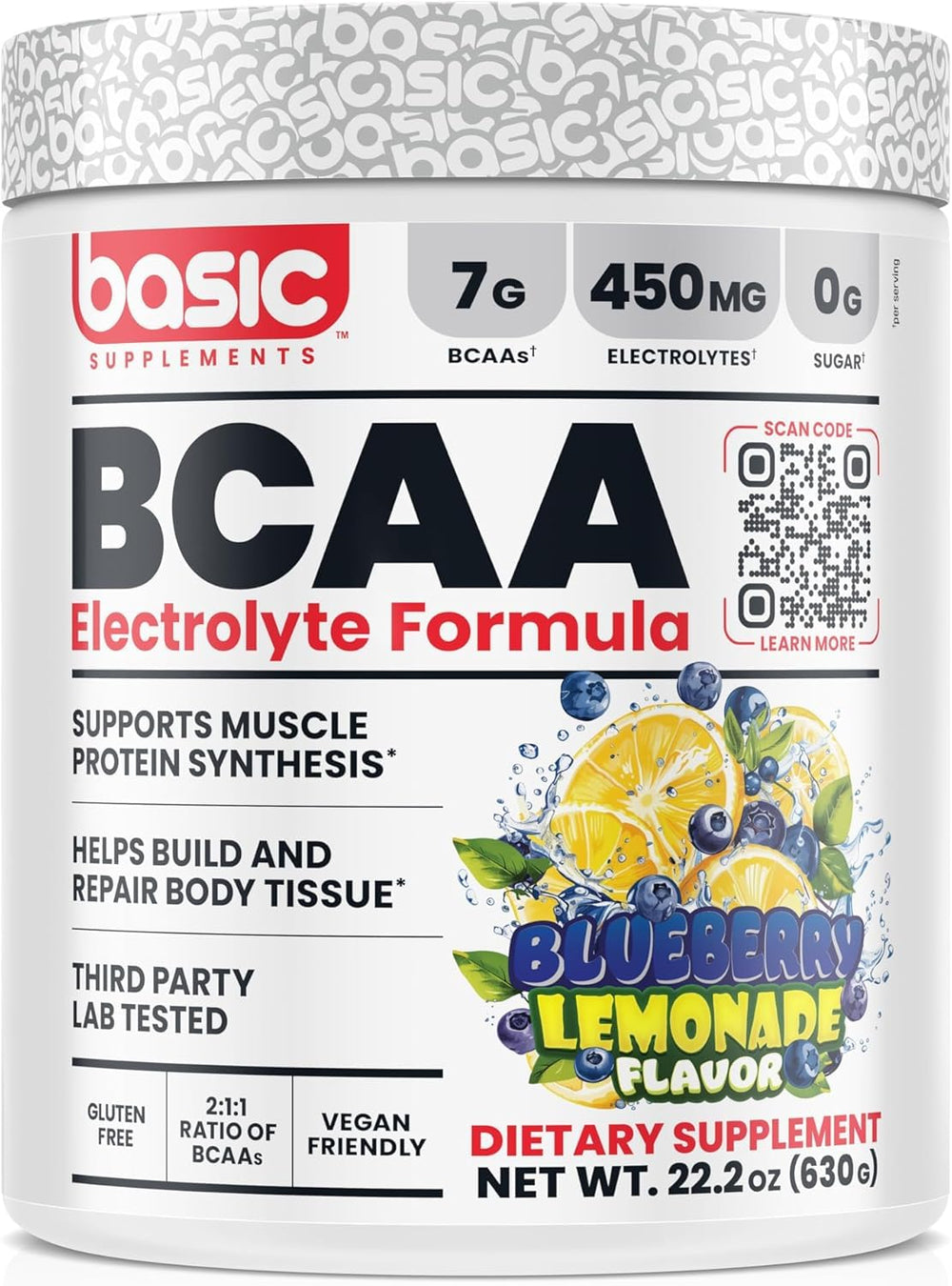 BASIC SUPPLEMENTS BCAA Powder bottle demonstrates instantized formula for quicker recovery.