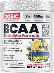BASIC SUPPLEMENTS BCAA Powder bottle demonstrates instantized formula for quicker recovery.