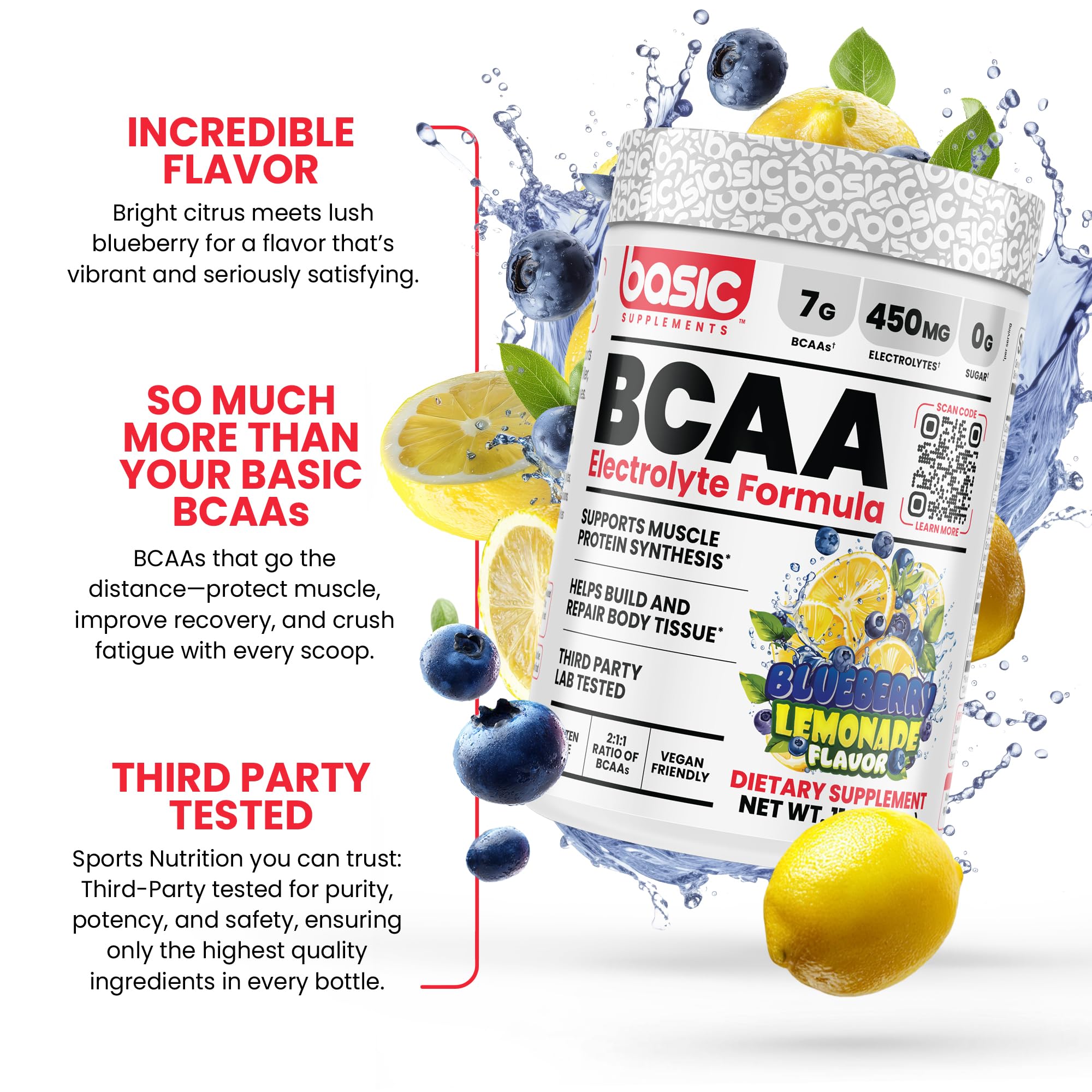 BASIC SUPPLEMENTS BCAA Powder label highlights 2:1:1 ratio and electrolytes.