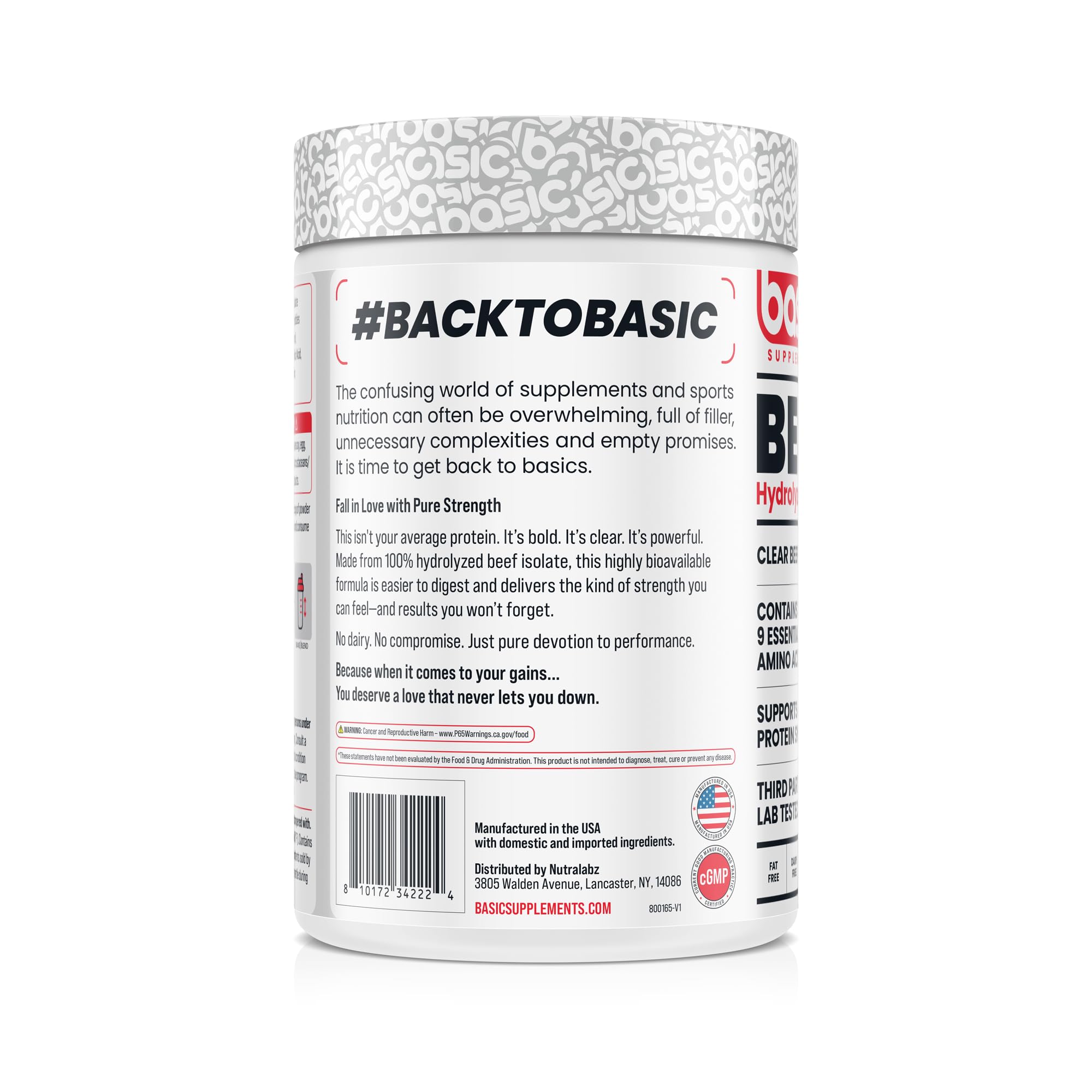 Basic Supplements Hydrolyzed Beef Isolate ingredients label close-up highlighting amino acid profile