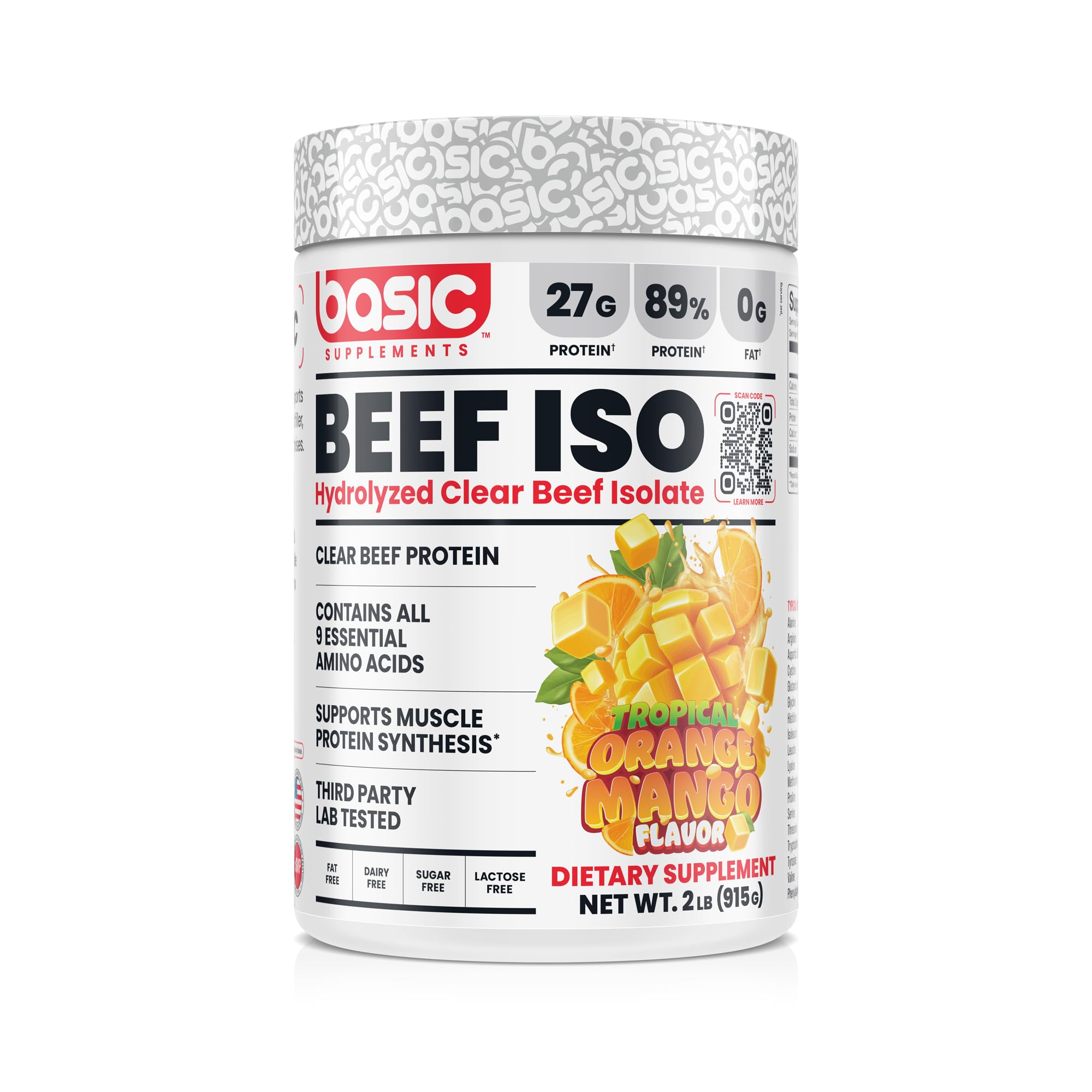 Basic Supplements Hydrolyzed Beef Isolate Powder tub showing lean, fast-digesting protein for lean muscle support