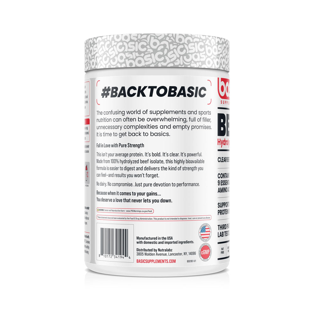 Basic Supplements Hydrolyzed Clear Beef Isolate bottle label closeup emphasizes dairy-free formula.