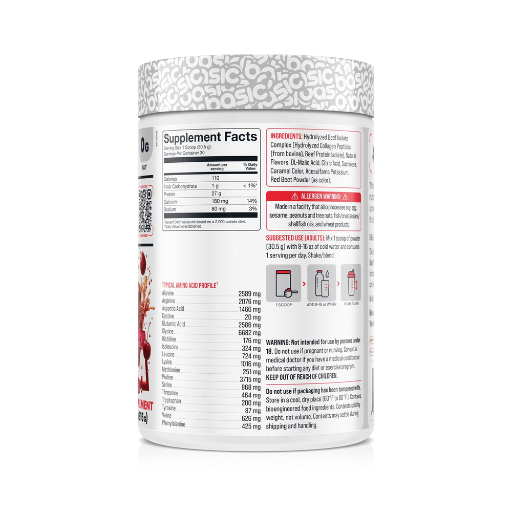 Basic Supplements Hydrolyzed Clear Beef Isolate serving in shaker highlights fast-digesting protein.