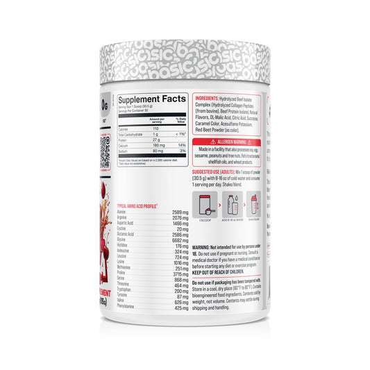 Basic Supplements Hydrolyzed Clear Beef Isolate serving in shaker highlights fast-digesting protein.