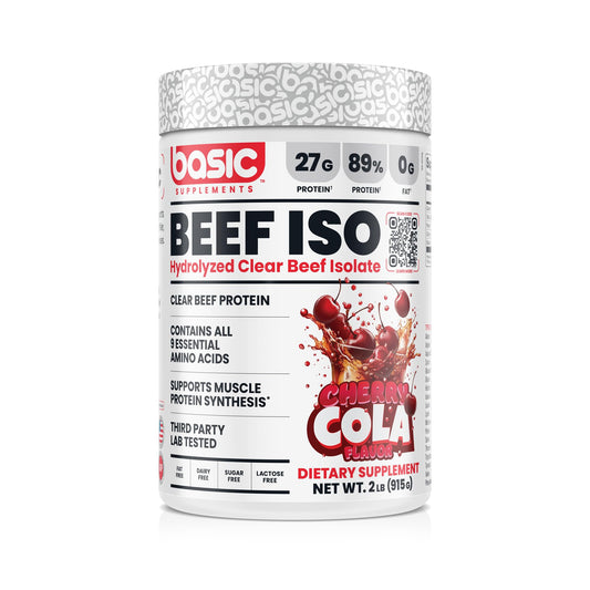 Basic Supplements Hydrolyzed Clear Beef Isolate tub front shows lean protein for workouts.