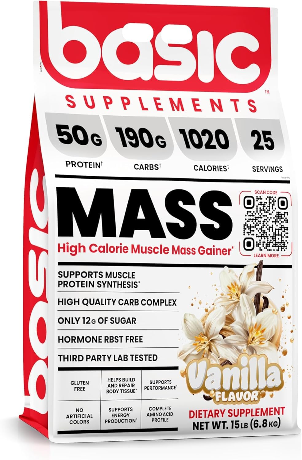 Basic Supplements Mass Gainer bottle pour shows convenient protein and calorie support.