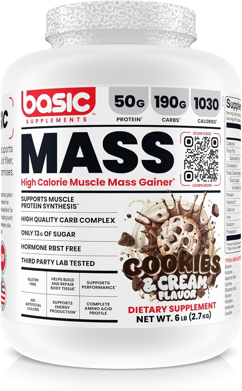 BASIC SUPPLEMENTS Mass Gainer bottle with scoop on gym bench, energy for workouts