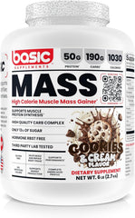 BASIC SUPPLEMENTS Mass Gainer bottle with scoop on gym bench, energy for workouts
