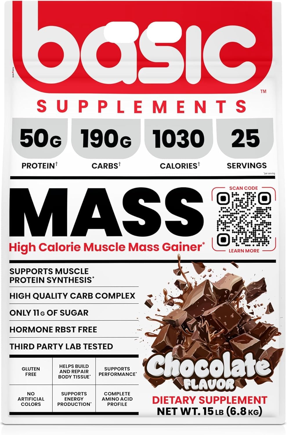 BASIC SUPPLEMENTS Mass Gainer packaging close-up highlighting 1030 calories per serving