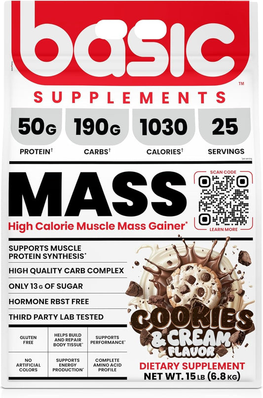 Basic Supplements Mass Gainer pour demonstrates a ready shake for post-workout fueling.