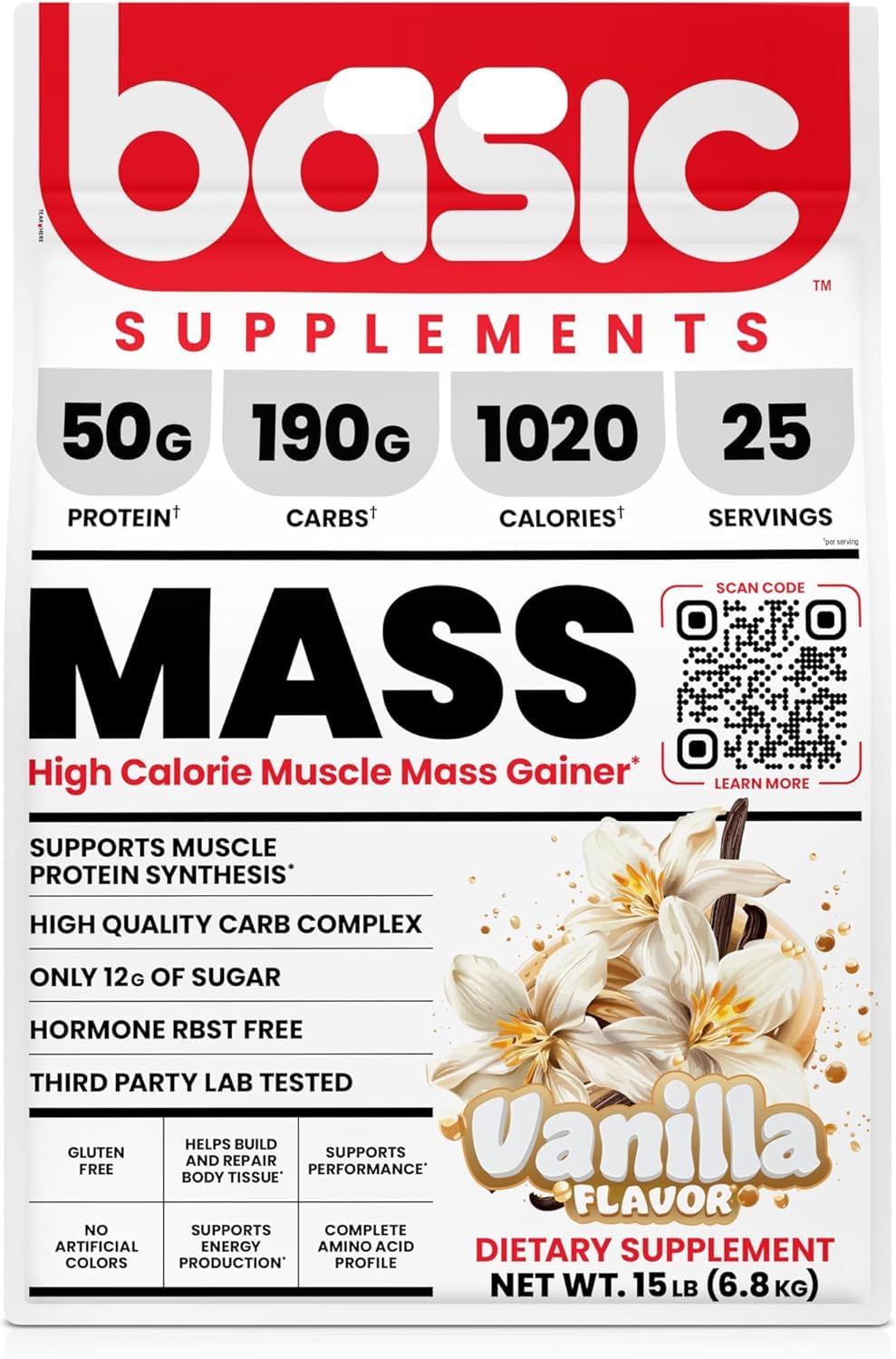 Basic Supplements Mass Gainer scoop highlights portion control for steady muscle support.