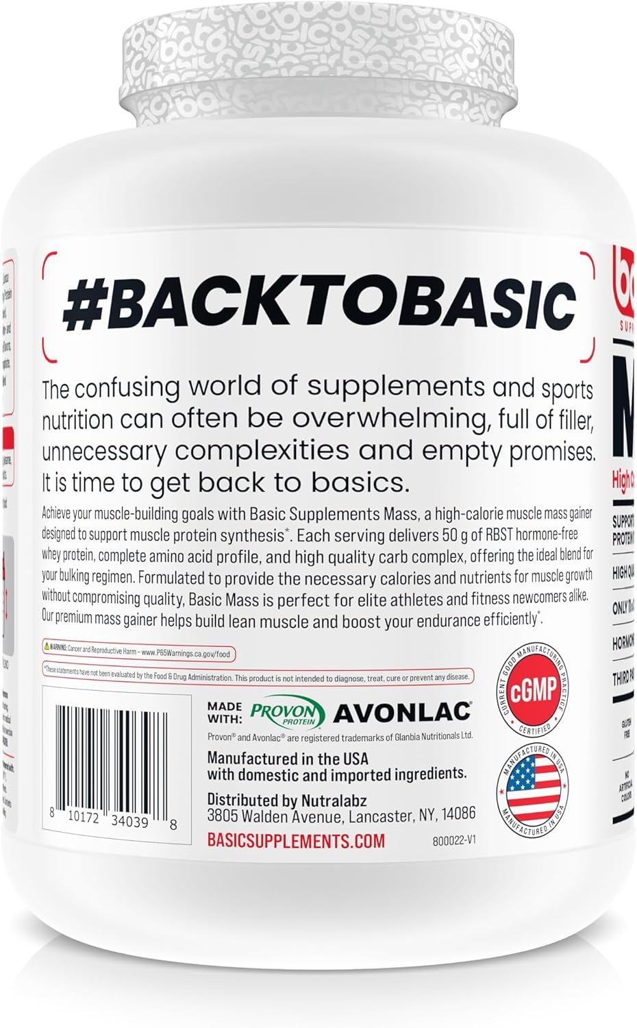 Basic Supplements Mass Gainer bag and scoop angled to show gluten-free ingredients.