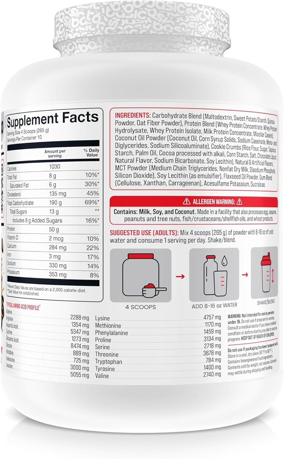 Serving scoop of BASIC SUPPLEMENTS Mass Gainer illustrating portion size